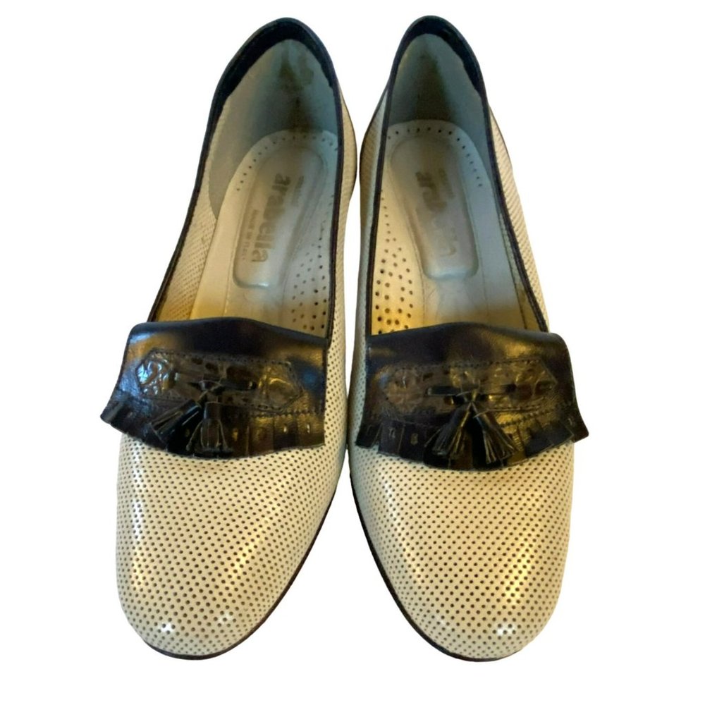 Vintage Breazioni Arabella US9 Heels Shoes Italy Navy White Leather Vero Cuoio - Picture 1 of 9